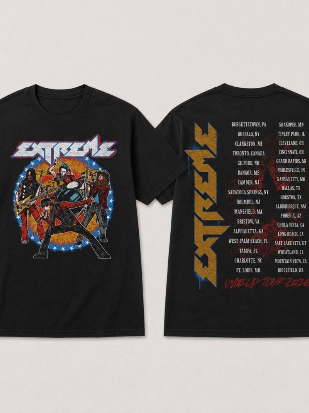 Extreme Band World Tour 2026 Double-Sided Black Graphic T-Shirt